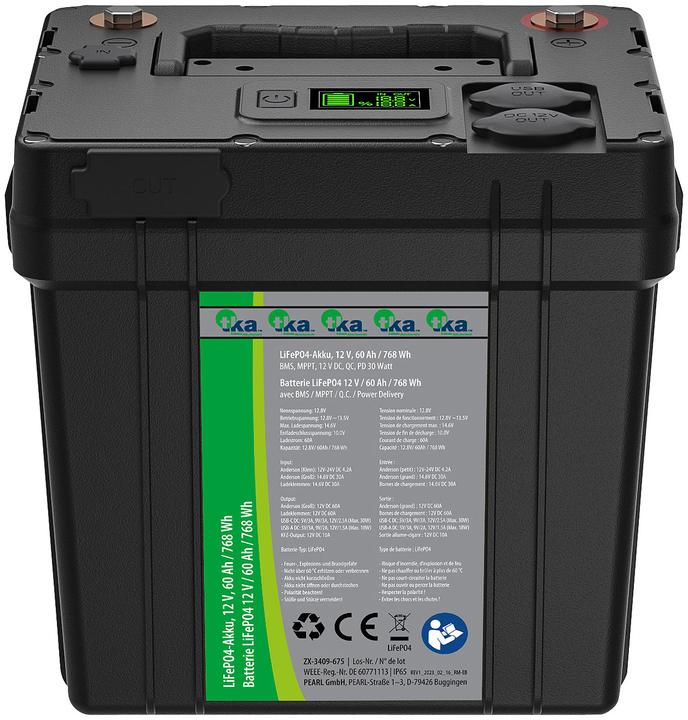 TKA LiFePO4-Akku, 12 V, 60 Ah / 768 Wh, BMS, MPPT, 12 V DC, QC, PD 30 Watt (12.80 V, 60 Ah)