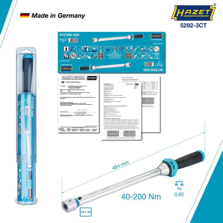 Produktbild HAZET Drehmomentschlüssel 5292-3CT ∙ Nm min-max: 40 - 200 Nm ∙ Toleranz: 3% ∙ Einsteck-Vierkant 14 … (40 Nm, 200 Nm)