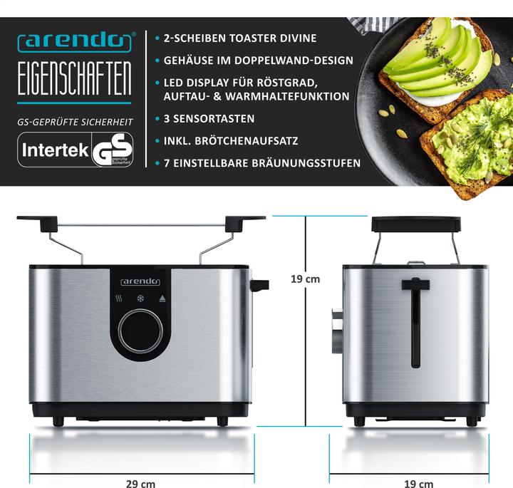 Actual product image Arendo Toaster for 2 slices 850 W, LED display, stainless steel, rotary knob, 7 browning levels, bun (EU plug)