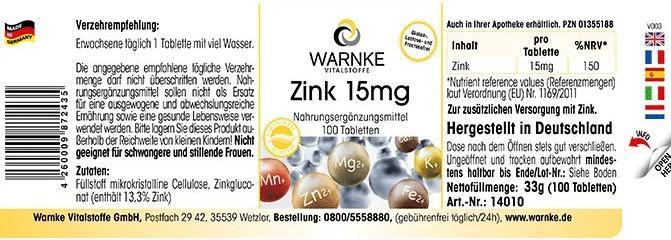 Nutritional values and ingredients Warnke Zinc 15 mg tablets, 250 tablets (250 Piece, Pills)