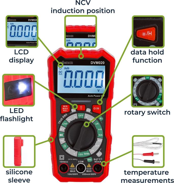 Image du produit Velleman Multimètre numérique universel et robuste à valeurs réelles - CAT III - 600 V - 8 fonctions (CAT III)