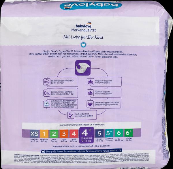 Produktbild dm babylove Premium-Windeln (Gr. 4+, Tragepack, 38 Stück)