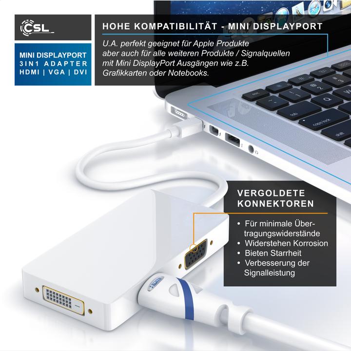 Produktbild CSL 3in1 Mini DisplayPort zu HDMI, DVI, VGA Adapter Konverter, miniDP 1.2 4k 3840x2160 UHD 2160p, 0,15m (HDMI, DVI, VGA, 8.50 cm)
