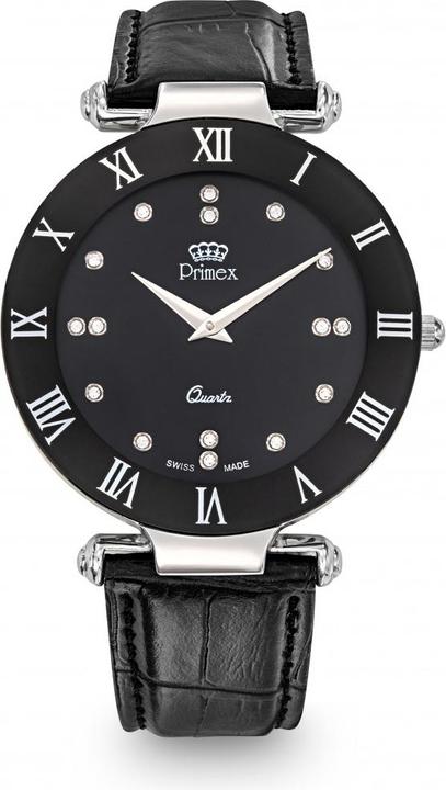 Image du produit Primex Montre Dame Swiss Made Bracelet Cuir Noir Cadran Noir Etanche 30 M Grande (Montre analogique, 40 mm)