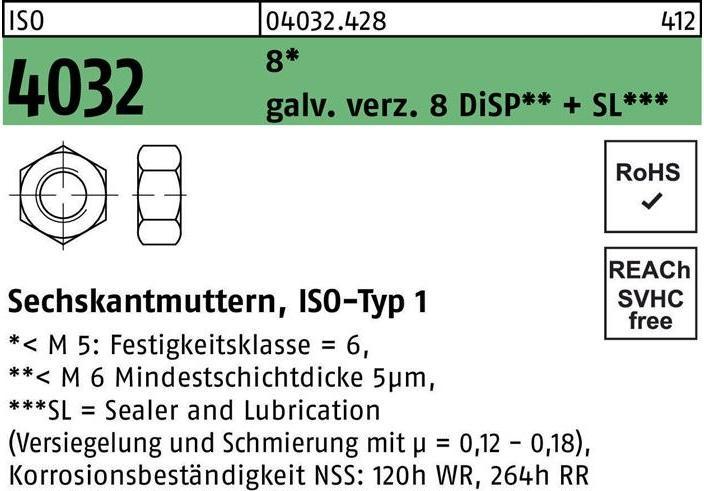 Produktbild Bufab Sechskantmutter ISO 4032 M 4 8 galvanisch verzinkt 8 DiSP + SL (M4)