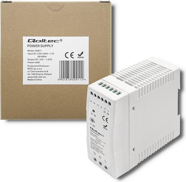 Produktbild Qoltec 50911 Zasilacz na szynę DIN 40W 24V 1.67A Biały Slim (Netzteil)