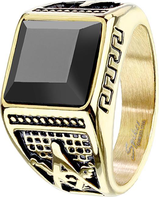 Image du produit Star Piercing Bague plaquée or avec pierre d'onyx facettée et motif maçonnique (64, Acier)