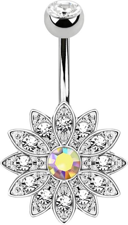 Star Piercing Banane silber mit Kugel Kristall silber Blume multicolor mit kleinen Kristallen (Messing, Chirurgenstahl 316L)