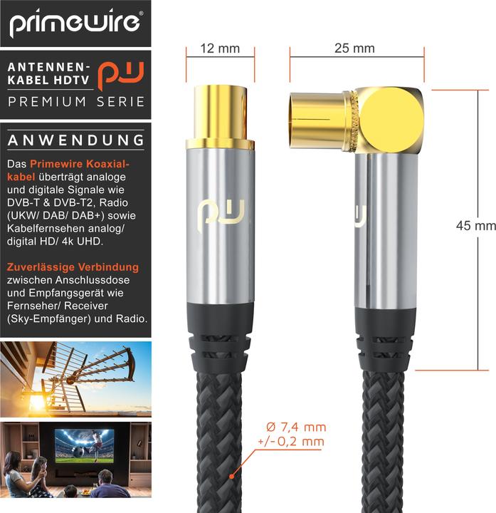 Actual product image Primewire Antenna cable angled with braiding, coaxial cable 75 Ohm HDTV, radio, DVB-T2 TV antenna cable (135 dB, Antenna cable)