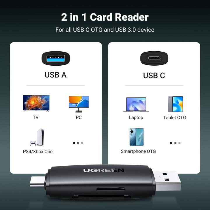 Image du produit Ugreen CM304 USB + USB-C Adapter Lecteur de cartes SD + microSD (noir) (USB-C)