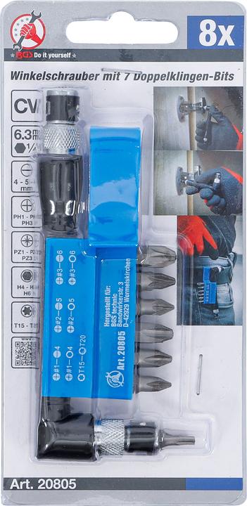 Immagine prodotto BGS Cacciavite ad angolo con 7 inserti a doppia punta attacco esagono esterno 6,3 mm (1/4") 8 pz. (6,3 mm)