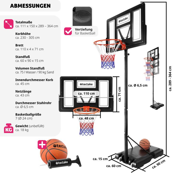 Produktbild tectake Basketballkorb Dirk, Korbhöhe 234 - 302 cm, mit Ball & Pumpe