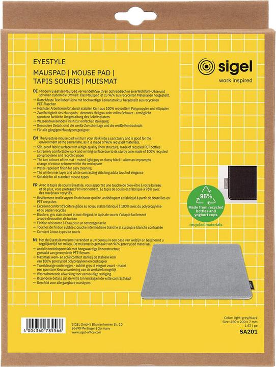 Image du produit Sigel Tapis souris Eyestyle, gris clair-noir, couche intermédiaire et coutures blanches, PET recyclé, PP r