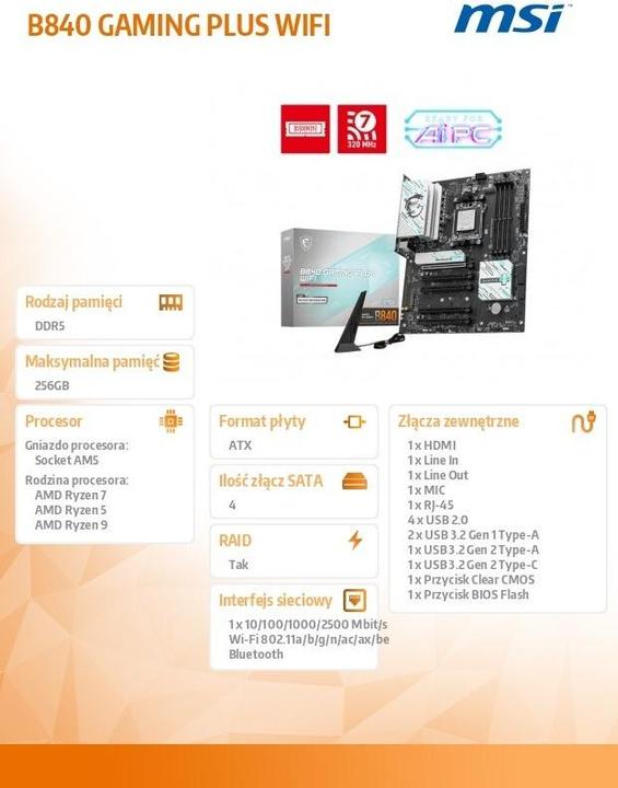 Actual product image MSI B840 GAMING PLUS WIFI (AM5, AMD B840, ATX)
