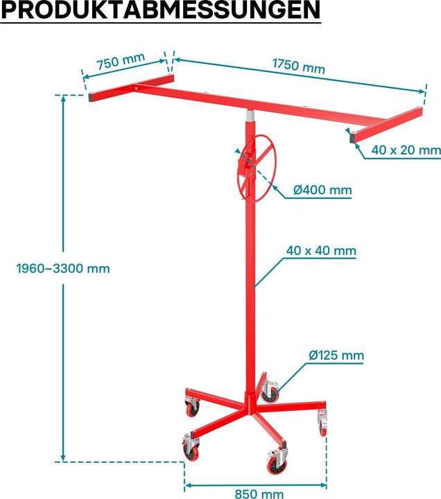 Produktbild Wiltec Plattenheber 68kg 196-330cm Montagehilfe Paneelheber Trockenbau Lift (68 kg)