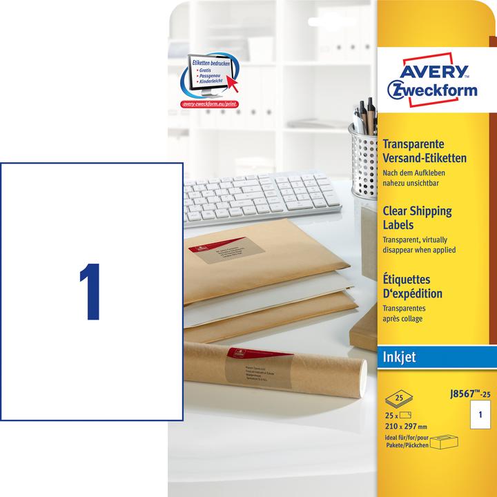 Produktbild Avery Universaletiketten J8567-25 Transparent 210 mm x 297 mm