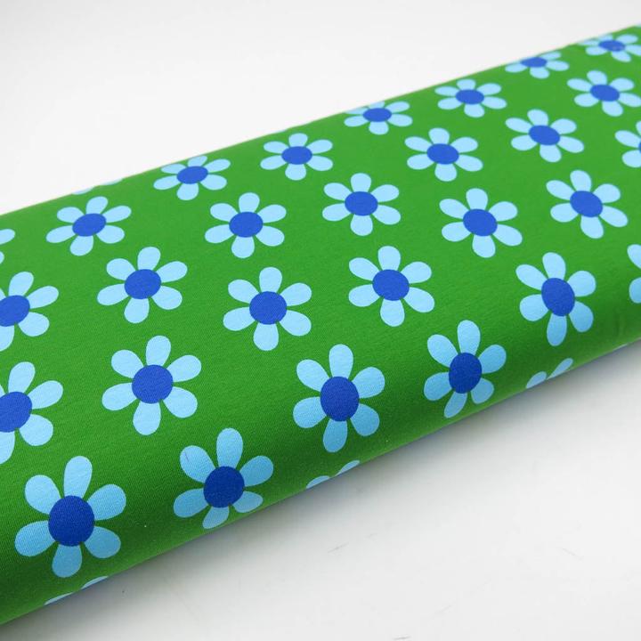 Produktbild Stoffrestposten Baumwolljersey - Retro Blumen Grün - Mindestverkaufsmenge: 1 Meter