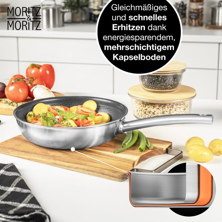 Produktbild Moritz & Moritz Edelstahlpfanne Wabenstruktur 24cm mit Keramikbeschichtung der neuesten Generation (Pfannenset + Topfset, Edelstahl)