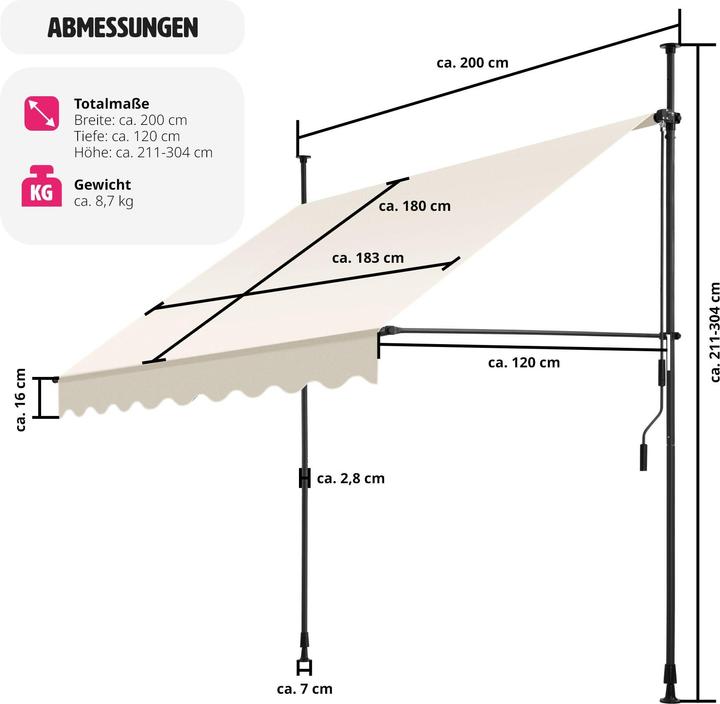 Image du produit tectake Store à pince sans perçage avec manivelle, réglable en hauteur (2 m)