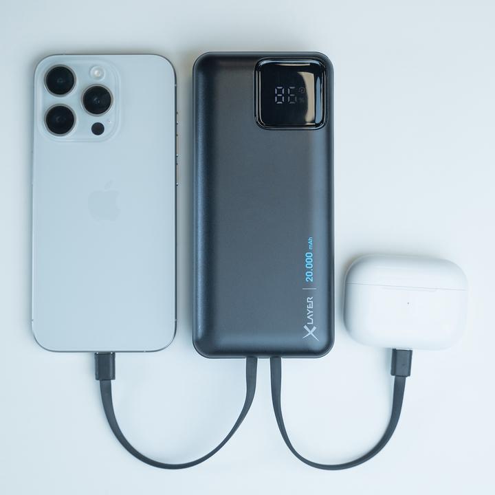 Image du produit Xlayer Powerbank 20 000 mAh avec deux câbles intégrés PD 20W Black (20000 mAh, 20 W, 74 Wh)