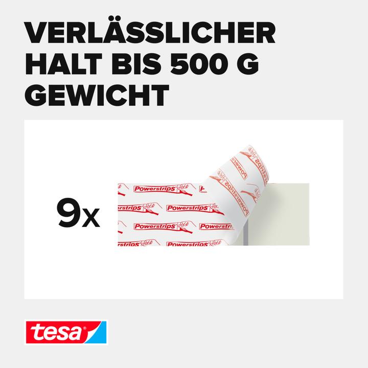 Image du produit tesa Powerstrips pour papier peint et plâtre, capacité de maintien de 0,5kg, 9x bandes adhésives double