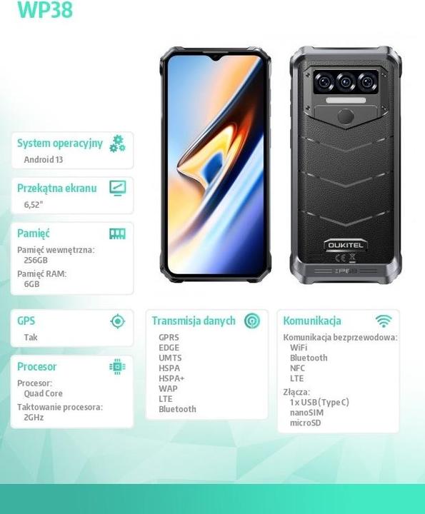 Actual product image Oukitel WP38 (6.52" - NFC - 10 600 mAh - 256 GB, 6 GB RAM) Black (256 GB, Black, 6.52", Dual SIM)