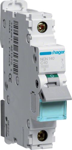 Hager NCN140. Courant nominal : 40 A. Type : Type C, Quantité de modules (max) : 1 module(s). Largeur :