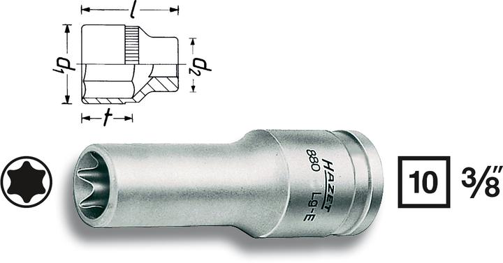 HAZET Steckschlüsseleinsatz ∙ TORX 880LG-E12 ∙ Vierkant10 mm (3/8 Zoll) ∙ Aussen TORX Profil ∙ E12…