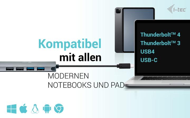 Productafbeelding i-tec USB-C metalen nano-dock 2x HDMI 1x GLAN 2x USB 3.2 2x USB 2.0 1x USB-C 3.2 Gen.1 Data 1x USB-C 1 (USB-C, 2 Havens)