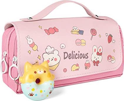 Immagine prodotto Only-Bags.Store Astuccio per matite con 3 scomparti, astuccio per cancelleria blu, simpatico astuccio a ciambella