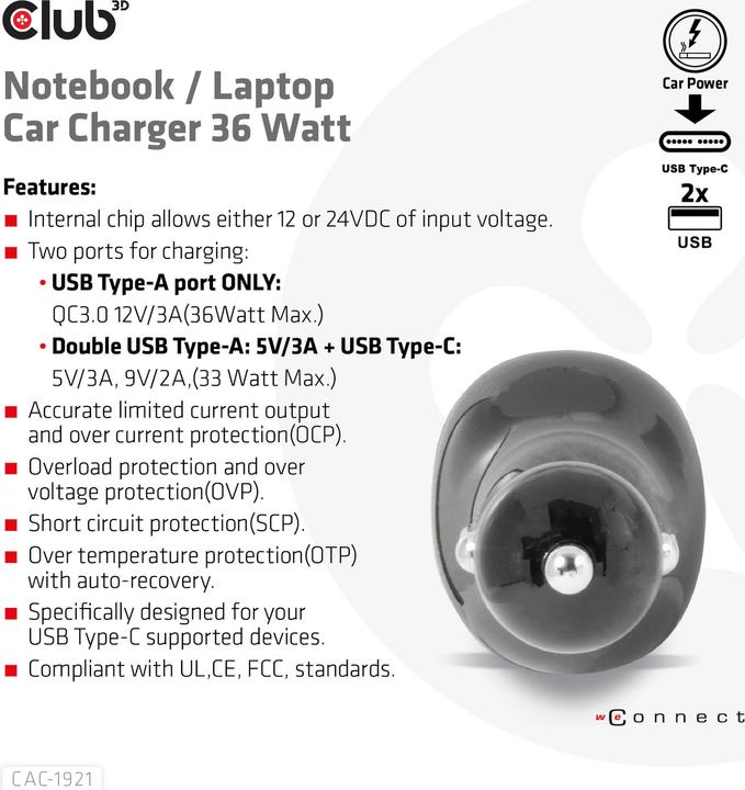 Produktbild Club 3D Club3D USB KFZ-Ladegerät 1xUSB C, 2xUSB A, 36W, 12/24V retail