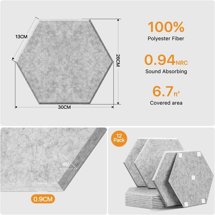 Image du produit Kuchoow Panneaux acoustiques Hexagon avec autocollant (12 pcs)