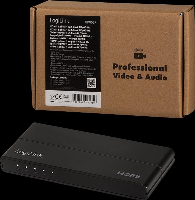 Image du produit LogiLink HD0037 HDMI Splitter 1x4 ports, 4K/60 Hz, HDCP, HDR, CEC, downscaler