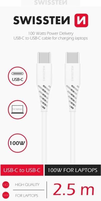 Produktbild Swissten Datenkabel TPE USB-C/USB-C Power Delivery 5A (100W) 2.5m Weiss (2.50 m, 100 W)
