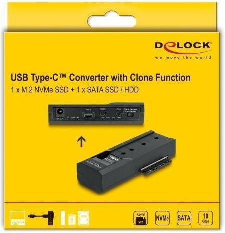 Image du produit Delock Convertisseur USB Type-C pour 1 x SSD M.2 NVMe + 1 x SATA SSD / HDD avec fonction de clonage