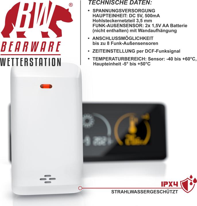 Produktbild Bearware Funk Wetterstation mit Farbdisplay und Aussensensor - DCF Funkuhr - Innen- und Aussentemperatur