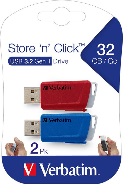 Immagine prodotto Verbatim USB flash drive 2x 32GB 3.2 Store'n Click Gen1 rosso/blu esterno al dettaglio (32 GB, USB-A, USB 3.1)