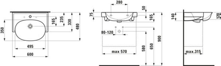 Actual product image Laufen The New Classic washbasin, undermount, with overflow, without tap hole, 600x480mm, H813853 (398 mm, 600 mm)