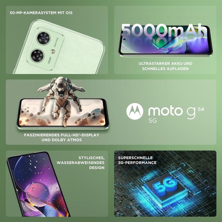 Image du produit Motorola Moto G54 (256 Go, Vert menthe, 6.50", SIM + eSIM, 50 Mpx, 5G)