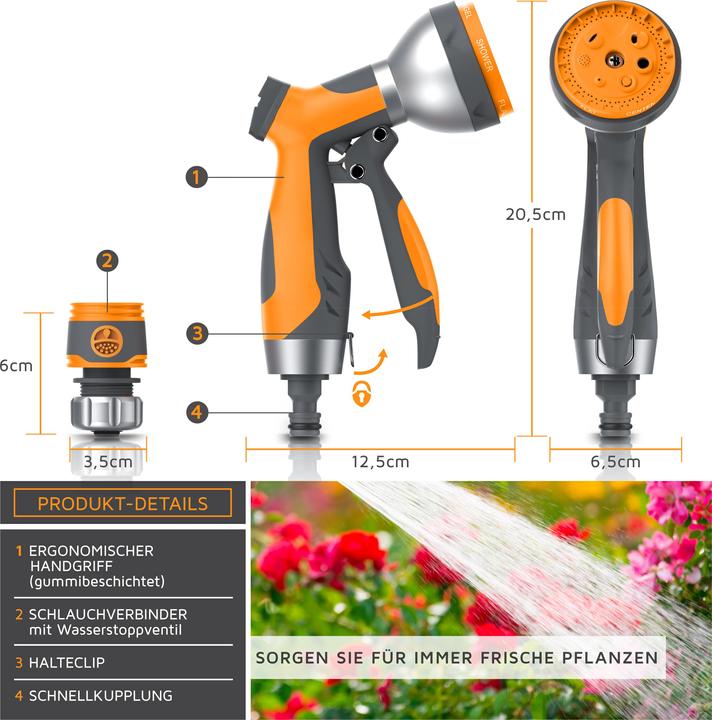 Produktbild Brandson Multifunktionsbrause, Garten Handbrause mit 7 Sprühprofilen, Spritzpistole mit Gardena kompatibel