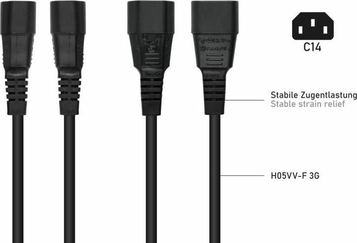 Produktbild Kabelmeister Y-Kaltgeräteverlängerung Kaltgeräte-Stecker C14 an 2x Kaltgeräte-Buchse C13, schwarz (2 m, C14)