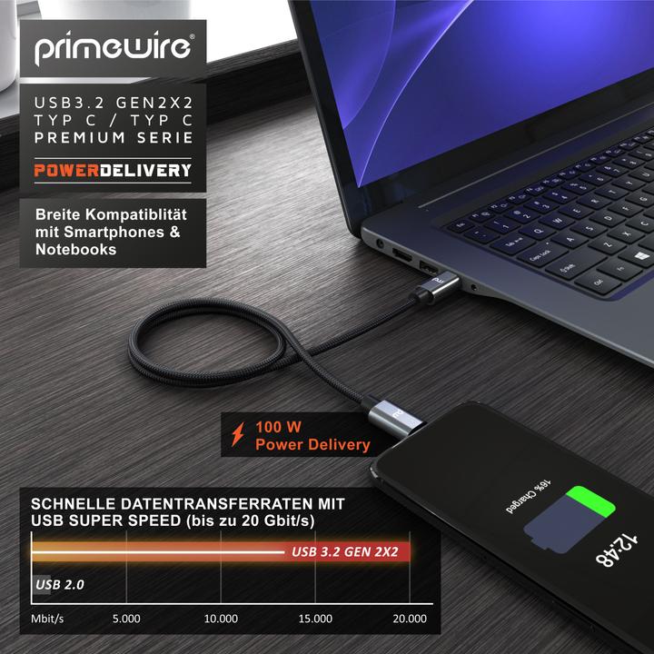 Actual product image Primewire USB C 3.2 Gen 2x2 cable, 100 Watt PowerDelivery charging cable, 20 Gbit/s data cable, fast charging (2 m, USB 3.2, 100 W)