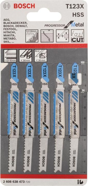 Immagine prodotto Bosch Professional Zubehör Lama per seghetto alternativo PRO Metal spessa e sottile T123XF, 100 mm, 5 pezzi.