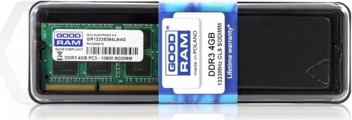 Produktbild Goodram Notebook Memory Notebook Memory SODIMM, DDR3, 4 GB, 1333 MHz, CL9 (GR1333S364L9S (1 x 4GB, 1333 MHz, DDR3-RAM, SO-DIMM)