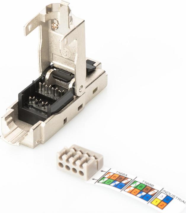 Actual product image Digitus Shielded RJ45 plug for field assembly AWG 22-27 10 GBit Ethernet PoE+ Dust cap Anti-kink protection (Network cable plug)