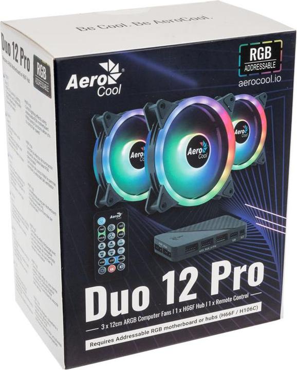 Produktbild AeroCool DUO12PRO Kit 3xLüfter 12cm ARGB LED Dual Ring Antivibration 6 Pins Schwarz (120 mm, 3 x)