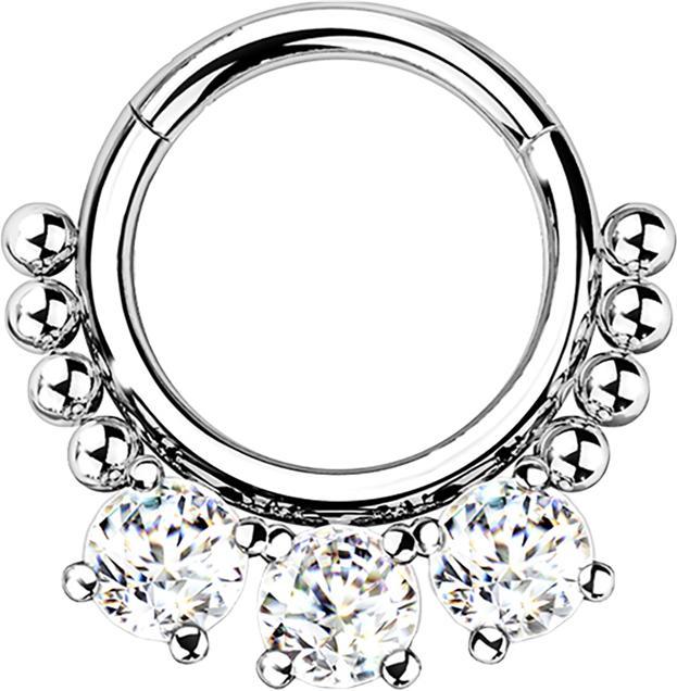 Star Piercing Micro Segmentring klappbar silber Kugeln und drei Kristalle (Chirurgenstahl 316L, ohne Messing)