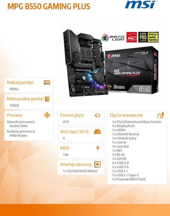 Actual product image MSI MPG B550 GAMING PLUS (AM4, AMD B550, ATX)
