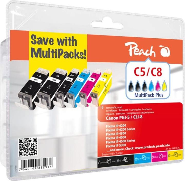 Image du produit Peach Encre Canon GI-5 / CLI-8 2x BK, 1x PBK, 1x C, 1x M, 1x Y (M, CF, Y, PBK, C)