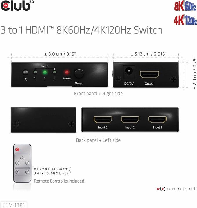 Produktbild Club 3D Club3D HDMI Switchbox 3 Eingänge -> 1 Ausgang 8K60Hz UHD retail